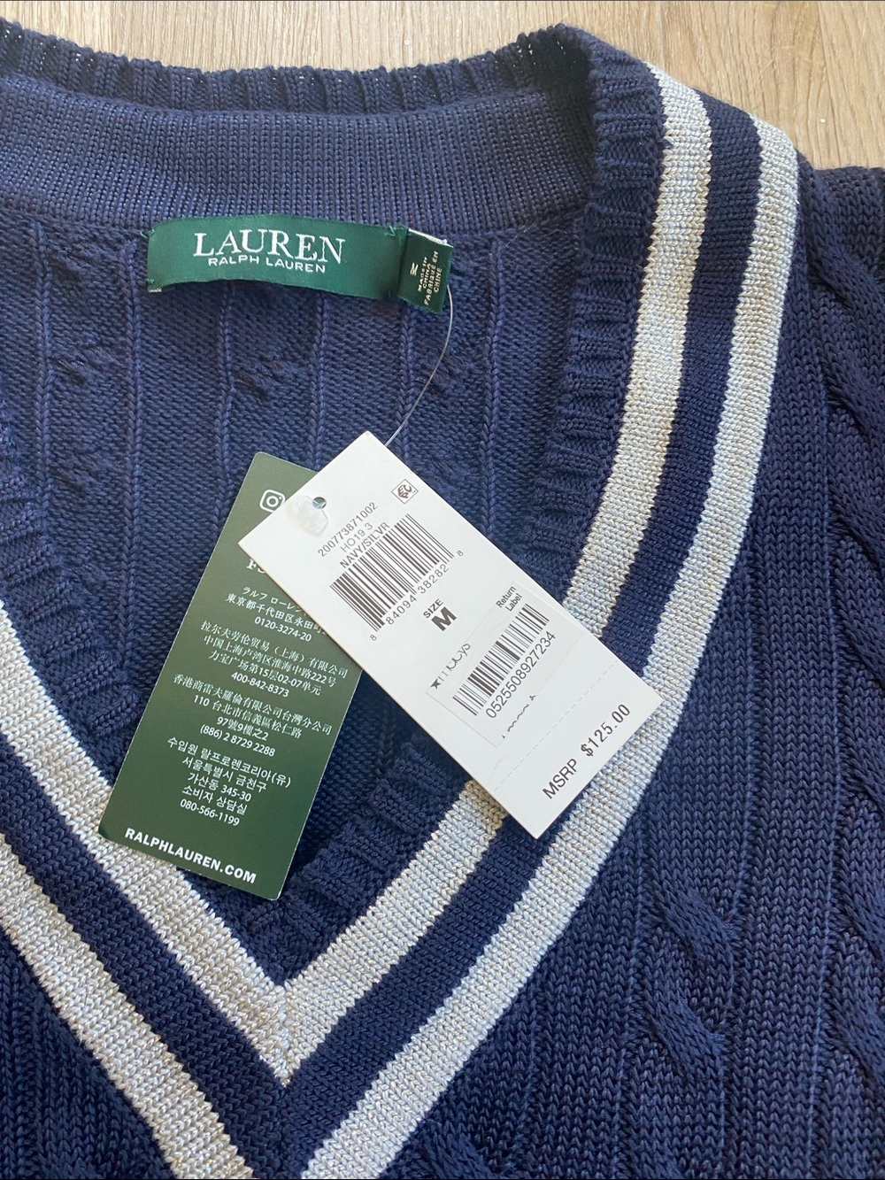 Lauren Ralph Lauren Navy Cable Knit V-Neck Sweater Preppy NWT M - Picture 4 of 10